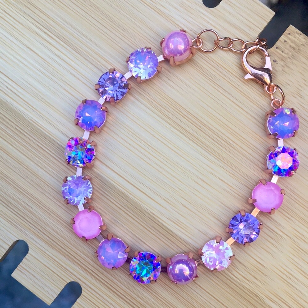 Pink Rose+Purple Amethyst Opal Aurora Borealis Rose Gold Crystal Tennis Bracelet - Picture 3 of 10